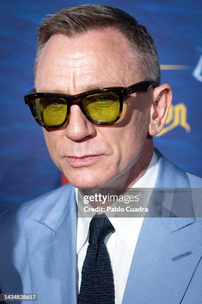 British actor Daniel Craig attends the "Puñales Por La Espalda: El Misterio De Glass Onion" premiere at Callao cinemas on October 19, 2022 in Madrid,...