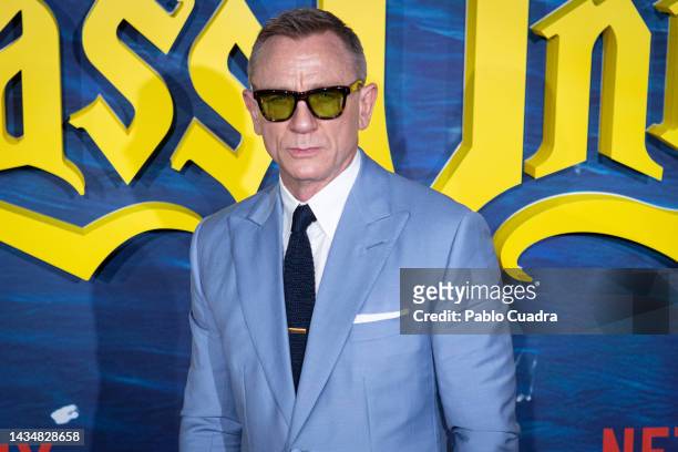 British actor Daniel Craig attends the "Puñales Por La Espalda: El Misterio De Glass Onion" premiere at Callao cinemas on October 19, 2022 in Madrid,...