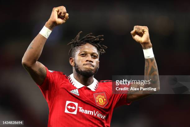 Fred of Manchester United celebrates after their sides victory during the Premier League match between Manchester United and Tottenham Hotspur at Old...