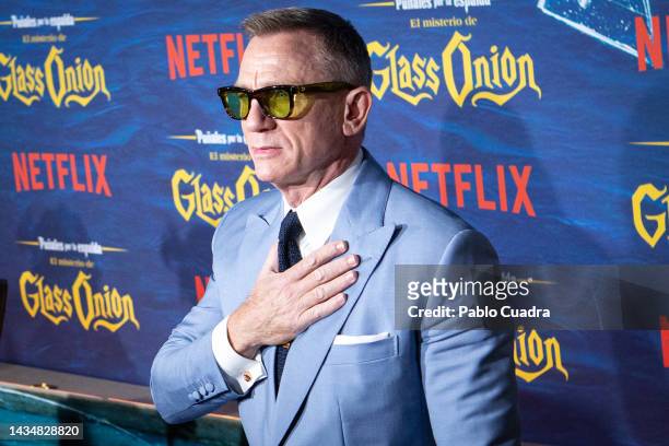 British actor Daniel Craig attends the "Puñales Por La Espalda: El Misterio De Glass Onion" premiere at Callao cinemas on October 19, 2022 in Madrid,...