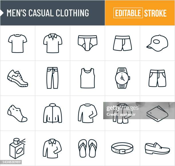 ilustraciones, imágenes clip art, dibujos animados e iconos de stock de ropa casual para hombre iconos de línea delgada - trazo editable - businesswear