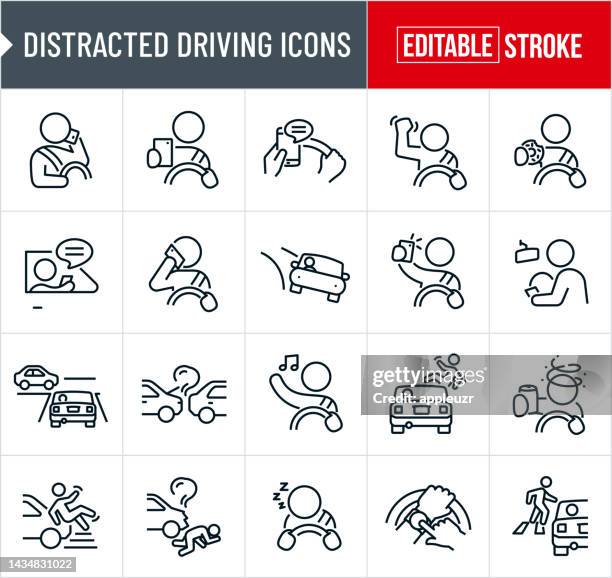 distracted driving thin line icons - editable stroke - car crash 幅插畫檔、美工圖案、卡通及圖標