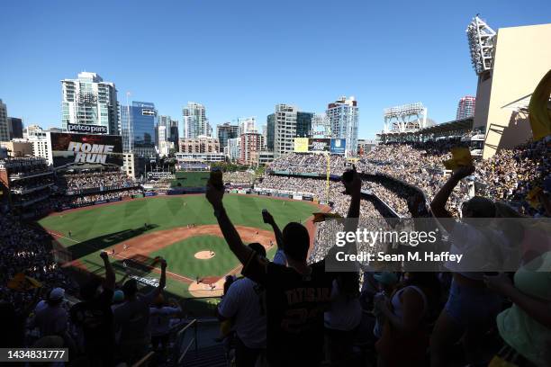 General view as fans cheer after a solo home run by Brandon Drury of the San Diego Padres during the second inning in game two of the National League...