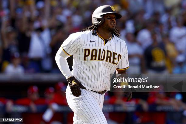 Josh Bell of the San Diego Padres runs the bases after hitting a solo home run during the second inning against the Philadelphia Phillies in game two...