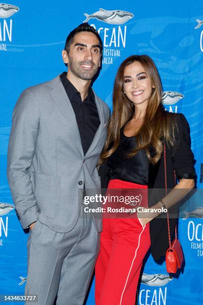 Filippo Magnini and Giorgia Palmas attend the photocall for the movie "Broken Breath" at The Space Cinema Odeon on October 19, 2022 in Milan, Italy.