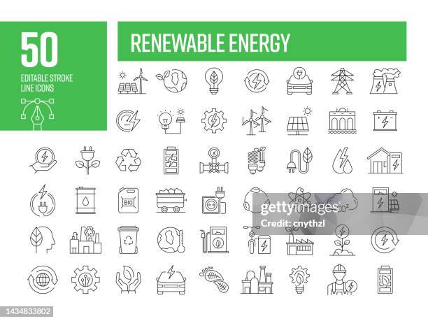 illustrations, cliparts, dessins animés et icônes de icônes de ligne d’énergie renouvelable. collection d’icônes vectorielles de contour modifiables. - structure actionnée par le vent