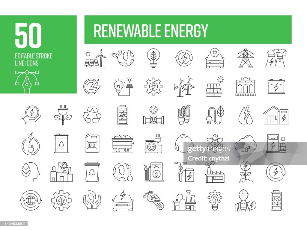 Renewable Energy Line Icons. Editable Stroke Vector Icons Collection.