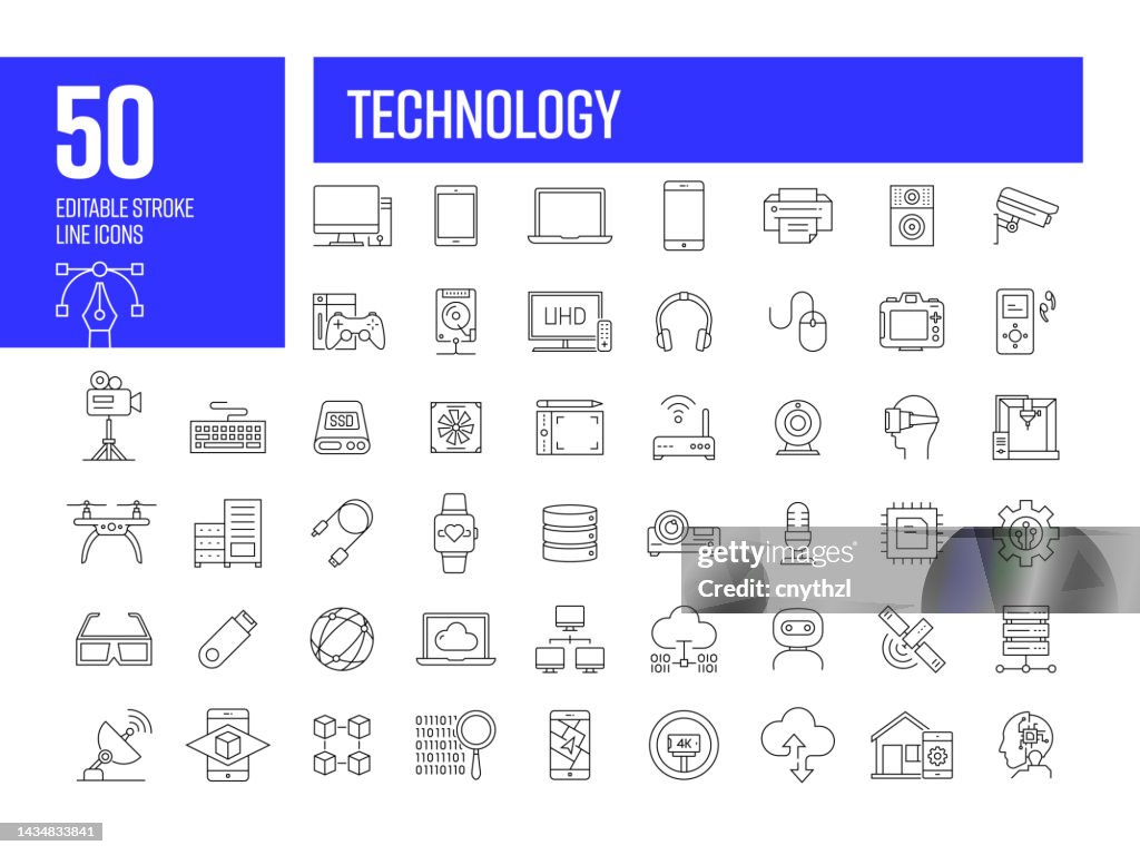 Technology Line Icons. Editable Stroke Vector Icons Collection.