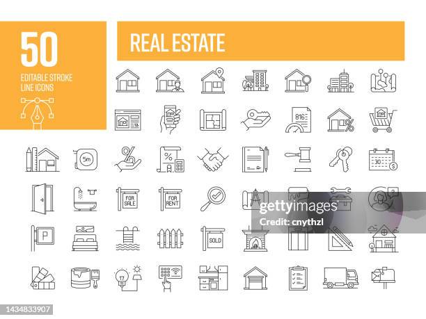 ilustrações de stock, clip art, desenhos animados e ícones de real estate line icons. editable stroke vector icons collection. - bens imóveis