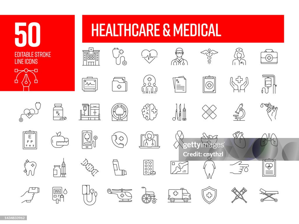 Iconos de líneas médicas y de atención médica. Colección editable de iconos vectoriales de trazo.