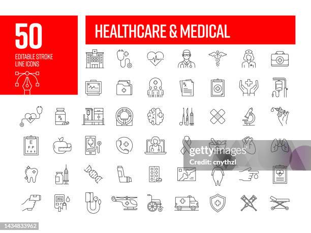 healthcare and medical line icons. editable stroke vector icons collection. - medical examination stock illustrations