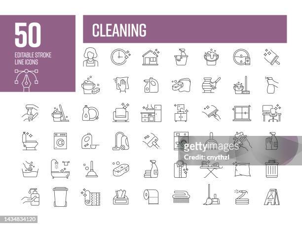 cleaning line icons. editable stroke vector icons collection. - cleaning products stock illustrations