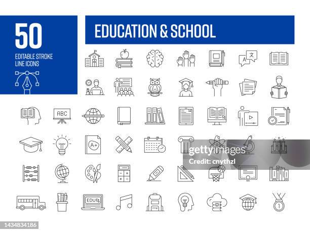 illustrazioni stock, clip art, cartoni animati e icone di tendenza di icone delle linee education e school. raccolta di icone vettoriali di tratti modificabili. - icone materie scolastiche