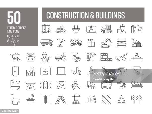 ilustraciones, imágenes clip art, dibujos animados e iconos de stock de iconos de líneas de construcción. colección editable de iconos vectoriales de trazo. - edificio
