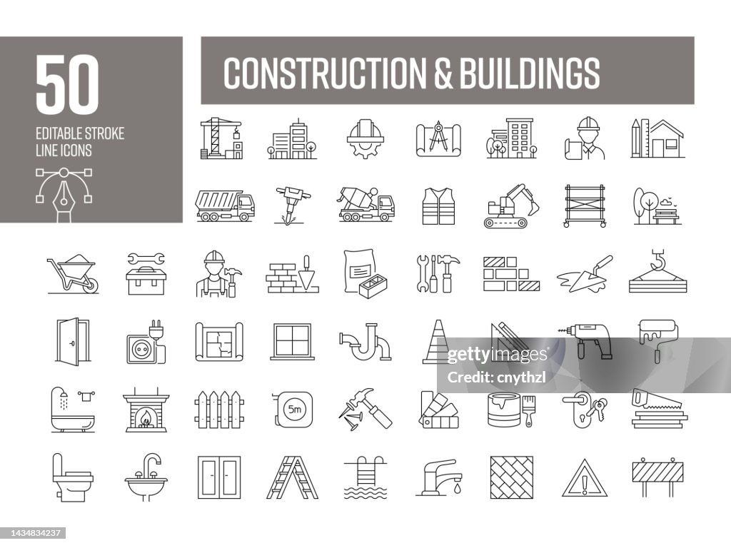 Construction Line Icons. Editable Stroke Vector Icons Collection.