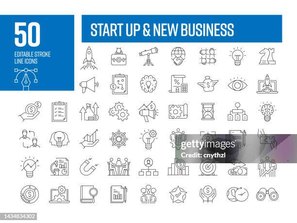 stockillustraties, clipart, cartoons en iconen met start up and new business line icons. editable stroke vector icons collection. - new business