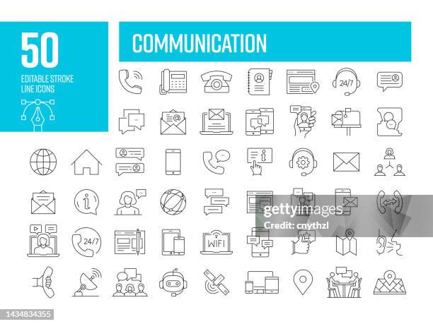 ilustraciones, imágenes clip art, dibujos animados e iconos de stock de iconos de línea de comunicación. colección editable de iconos vectoriales de trazo. - phone icon
