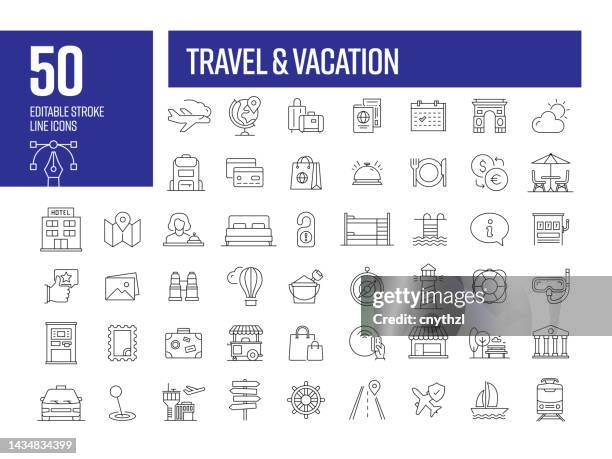 reise- und urlaubsliniensymbole. bearbeitbare sammlung von strichvektorsymbolen. - cafe stock-grafiken, -clipart, -cartoons und -symbole