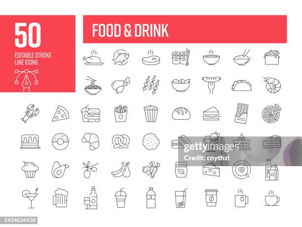 food and drink line icons. editable stroke vector icons collection. - healthy eating icon stock illustrations