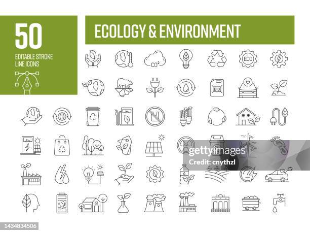 ilustraciones, imágenes clip art, dibujos animados e iconos de stock de iconos de línea de ecología y medio ambiente. colección editable de iconos vectoriales de trazo. - producción de combustible y energía