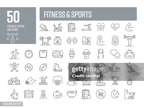 Fitness- und Sportlinien-Symbole. Bearbeitbare Sammlung von Strichvektorsymbolen. Fitness- und Sportlinien-Symbole. Bearbeitbare Sammlung von Strichvektorsymbolen.