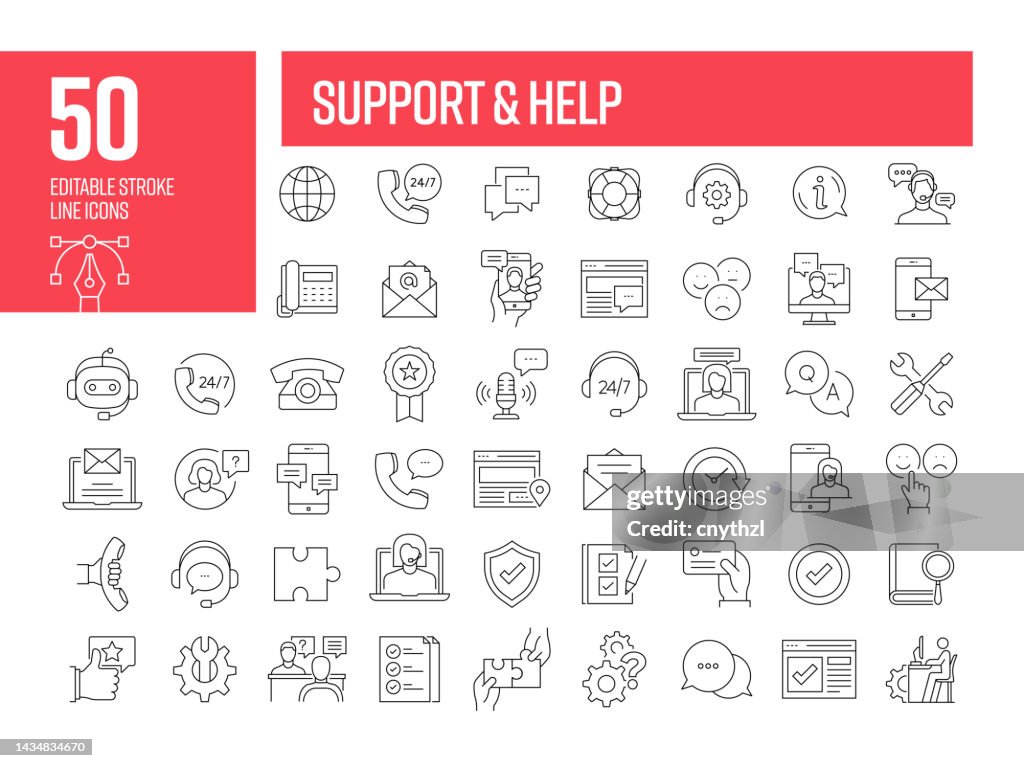 Support- und Helpline-Symbole. Bearbeitbare Sammlung von Strichvektorsymbolen.