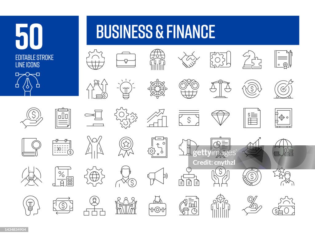 Geschäfts- und Finanzliniensymbole. Bearbeitbare Sammlung von Strichvektorsymbolen.