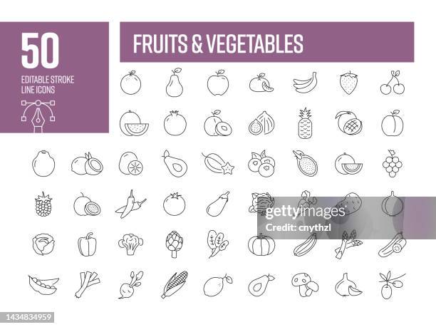 liniensymbole für obst und gemüse. bearbeitbare sammlung von strichvektorsymbolen. - fruit stock-grafiken, -clipart, -cartoons und -symbole