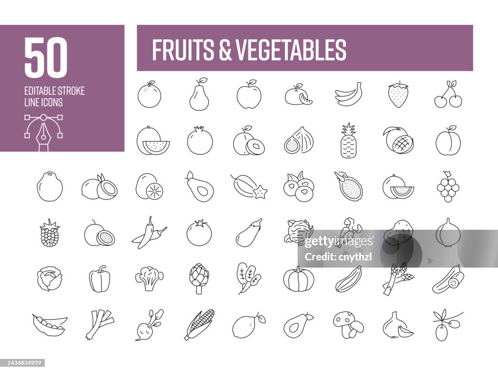 Fruits and Vegetables Line Icons. Editable Stroke Vector Icons Collection.