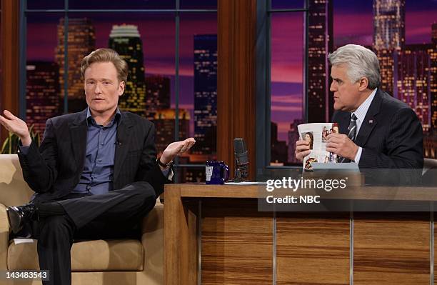 Conan O'Brien -- Air Date 3/27/08 -- Episode 3523 -- Pictured: Television host Conan O'Brien during an interview with host Jay Leno on March 27, 2008