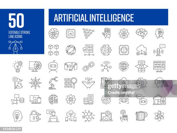 illustrations, cliparts, dessins animés et icônes de icônes de ligne d’intelligence artificielle. collection d’icônes vectorielles de contour modifiables. - ia
