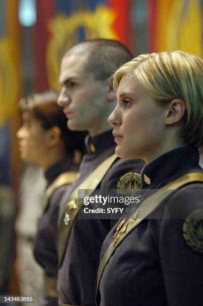 Channel -- "Act of Contrition" Episode 4 -- Aired 11/8/04 -- Pictured: Sam Witwer as Crashdown, Katee Sackhoff as Lt. Kara 'Starbuck' Thrace