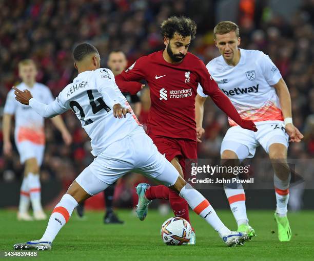 Mohamed Salah of Liverpool in action during the Premier League match between Liverpool FC and West Ham United at Anfield on October 19, 2022 in...