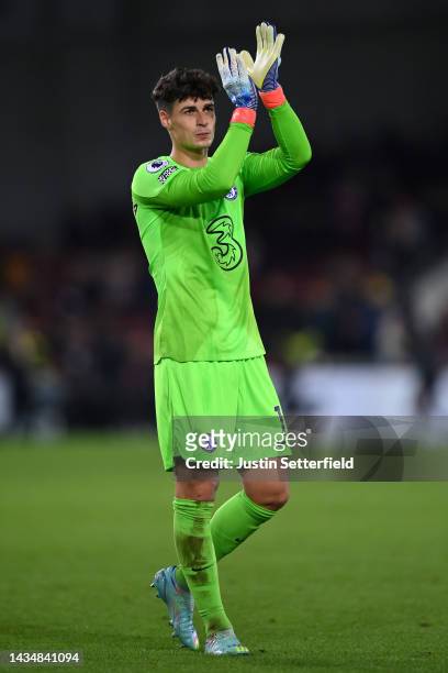 Kepa Arrizabalaga of Chelsea acknowledges the fans after their sides draw during the Premier League match between Brentford FC and Chelsea FC at...
