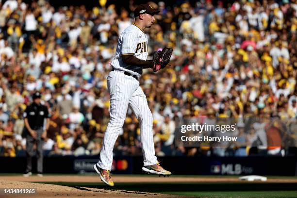 Blake Snell of the San Diego Padres reacts after striking out J.T. Realmuto of the Philadelphia Phillies during the fifth inning in game two of the...