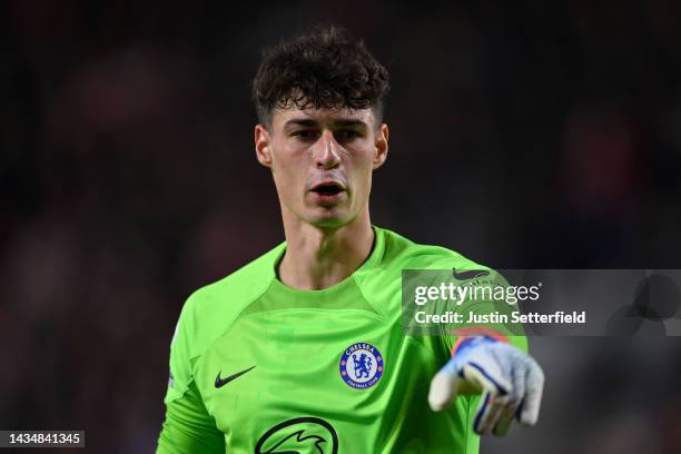 Kepa Arrizabalaga of Chelsea reacts during the Premier League match between Brentford FC and Chelsea FC at Brentford Community Stadium on October 19,...