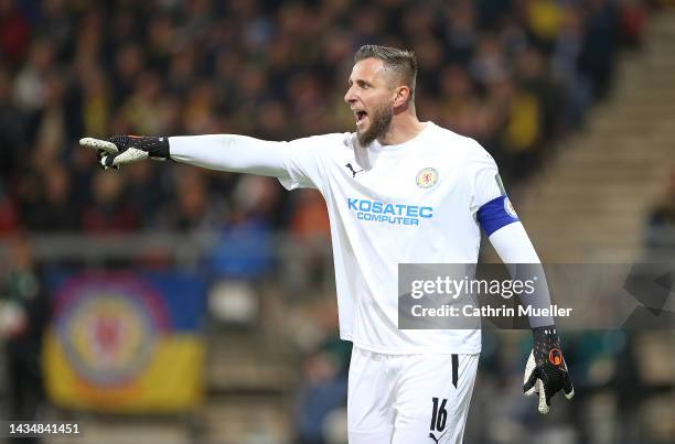 Jasmin Fejzic, goalkeeper of Eintracht Braunschweig gestures during the DFB Cup second round match between Eintracht Braunschweig and VfL Wolfsburg...