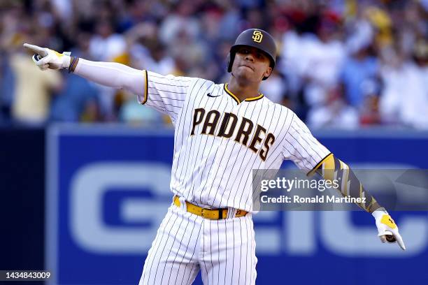 Juan Soto of the San Diego Padres celebrates at second base after hitting a one-run RBI double during the fifth inning against the Philadelphia...