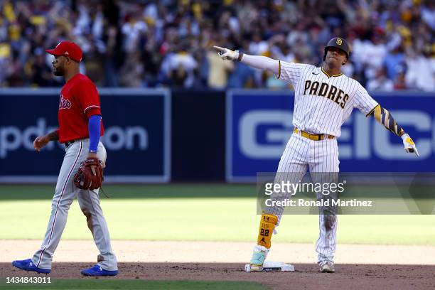 Juan Soto of the San Diego Padres celebrates at second base after hitting a one-run RBI double during the fifth inning against the Philadelphia...