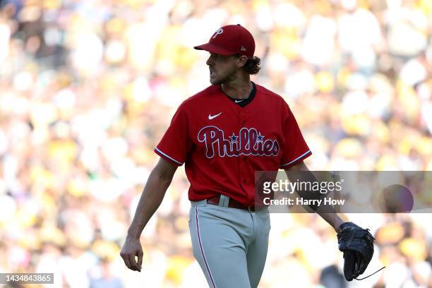 Aaron Nola of the Philadelphia Phillies reacts as he leaves the game during the fifth inning against the San Diego Padres in game two of the National...