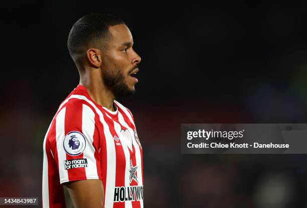 Mathias Jorgensen of Brentford looks on during the Premier League match between Brentford FC and Chelsea FC at Brentford Community Stadium on October...