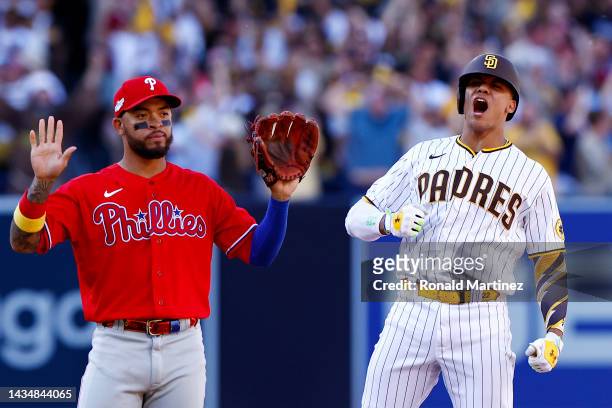 Juan Soto of the San Diego Padres celebrates at second base after hitting a one-run RBI double during the fifth inning against the Philadelphia...