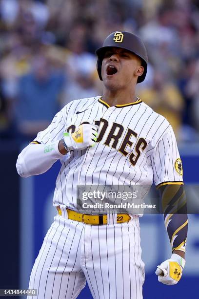 Juan Soto of the San Diego Padres celebrates at second base after hitting a one-run RBI double during the fifth inning against the Philadelphia...