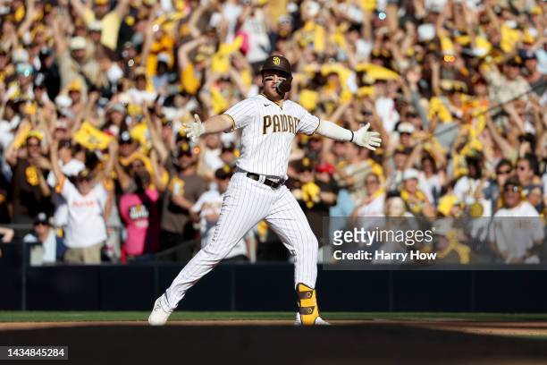 Brandon Drury of the San Diego Padres reacts after hitting a two-run RBI single during the fifth inning against the Philadelphia Phillies in game two...