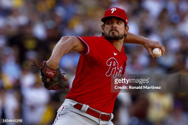 Brad Hand of the Philadelphia Phillies pitches during the fifth inning against the San Diego Padres in game two of the National League Championship...