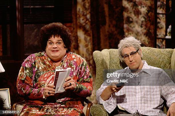 Episode 14 -- Air Date -- Pictured: Chris Farley as Beverly Gelfand, Adam Sandler as Hank Gelfand during the "Zagat's" skit on February 25, 1995
