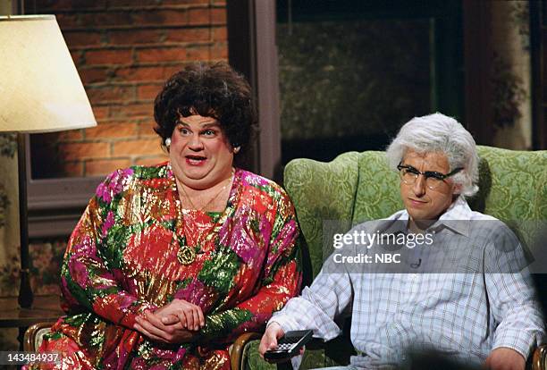 Episode 20 -- Air Date -- Pictured: Chris Farley as Beverly Gelfand, Adam Sandler as Hank Gelfand during "Zagat's" skit on May 13, 1995