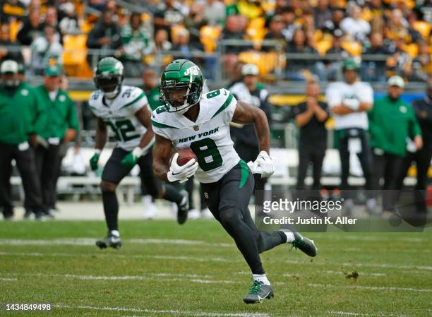 Elijah Moore of the New York Jets in action against the Pittsburgh Steelers on October 2, 2022 at Acrisure Stadium in Pittsburgh, Pennsylvania.