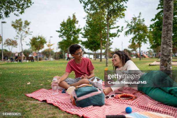 familie beim picknick auf dem öffentlichen platz - salzige zwischenmahlzeit stock-fotos und bilder