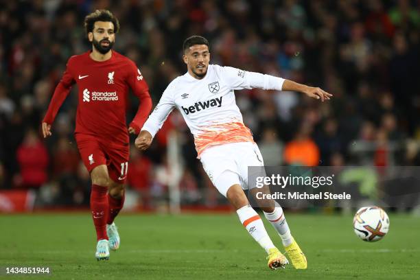 Pablo Fornals of West Ham United during the Premier League match between Liverpool FC and West Ham United at Anfield on October 19, 2022 in...